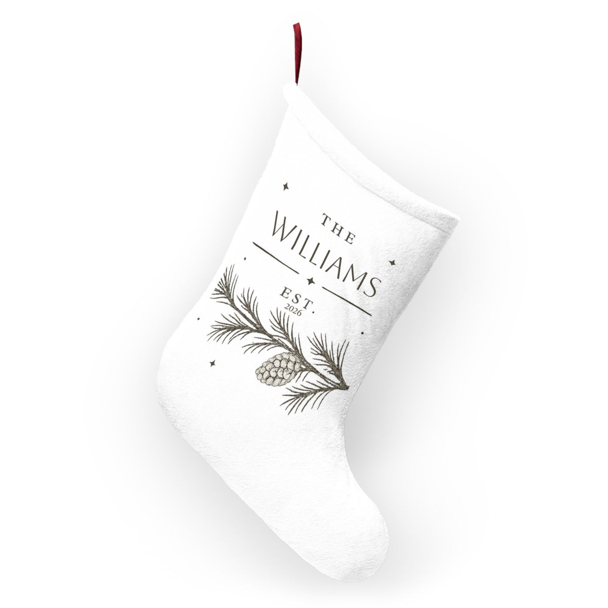 Personalized pine branch Christmas stocking with family name and year