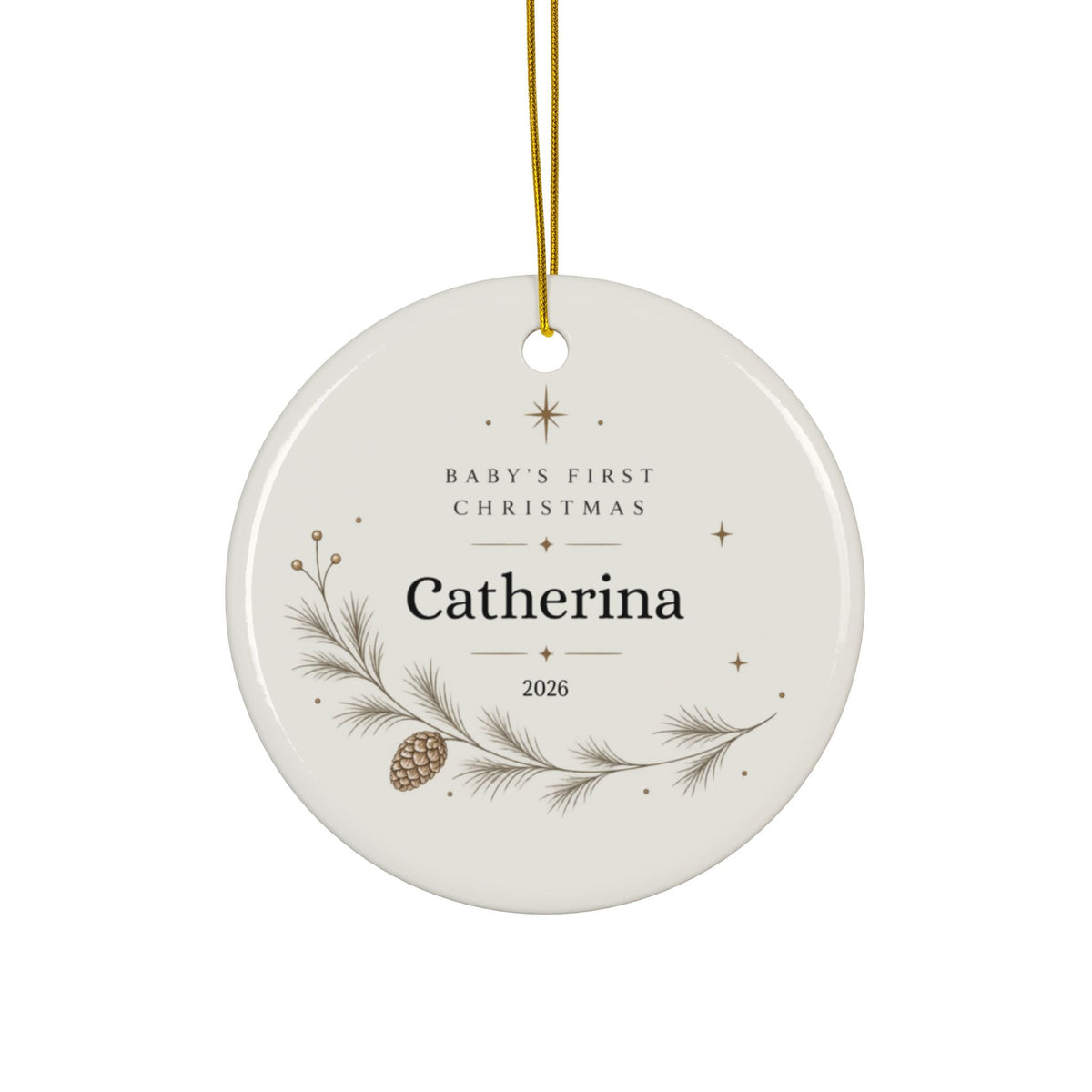 Minimal baby's first Christmas ornament with name and year