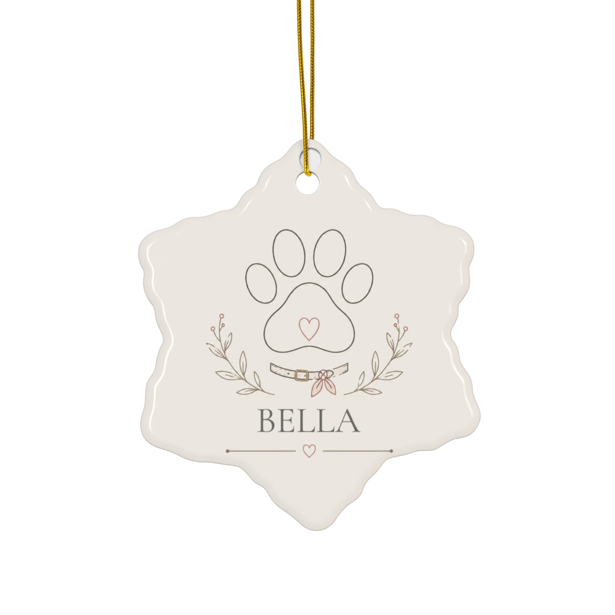 Pet name Christmas ornament with paw print in a snowflake shape