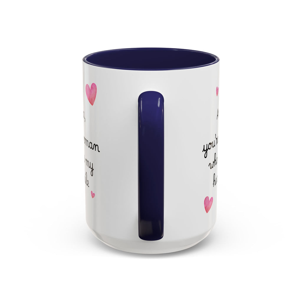 Personalized Heart Coffee Mug — "[Name], you’re the woman who makes my heart smile" (Accent 11/15oz)