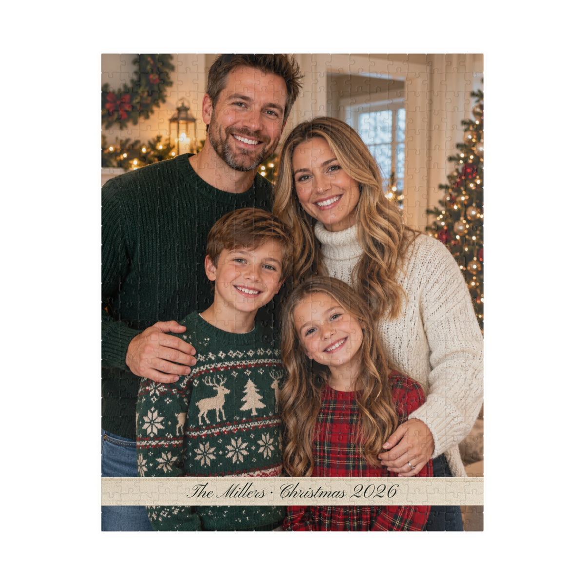 Family Christmas photo puzzle with personalized text, portrait
