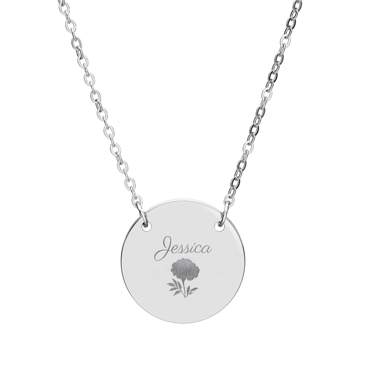 October birth flower necklace in stainless steel, engraved with a marigold and the name Jessica