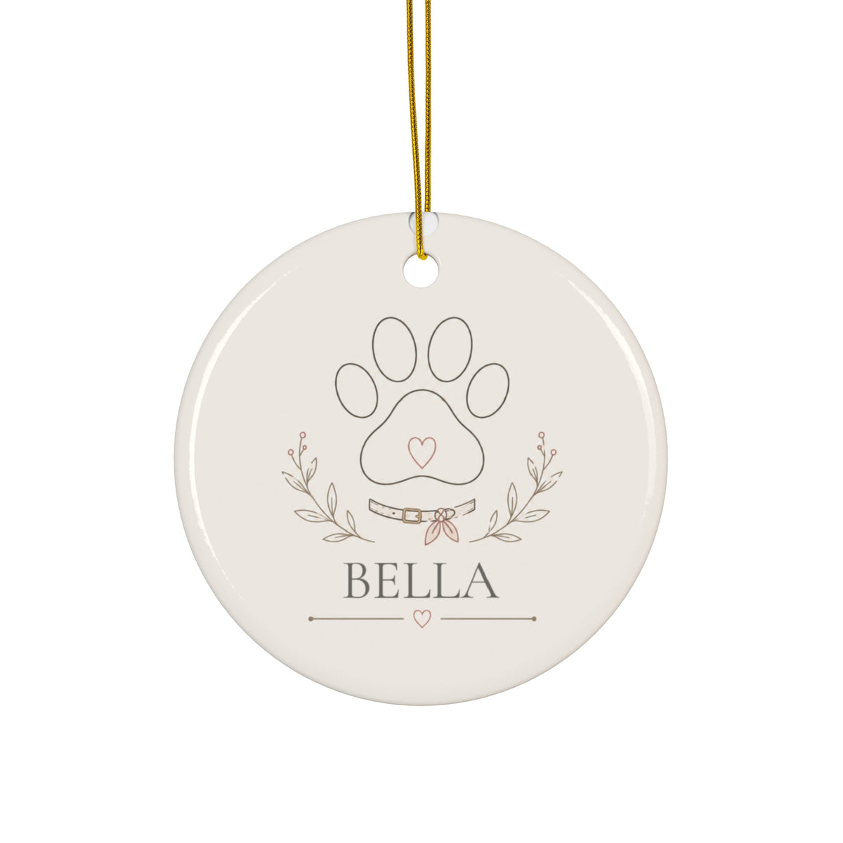 Personalized pet name Christmas ornament, round white ceramic with paw print in a leafy wreath and name Bella