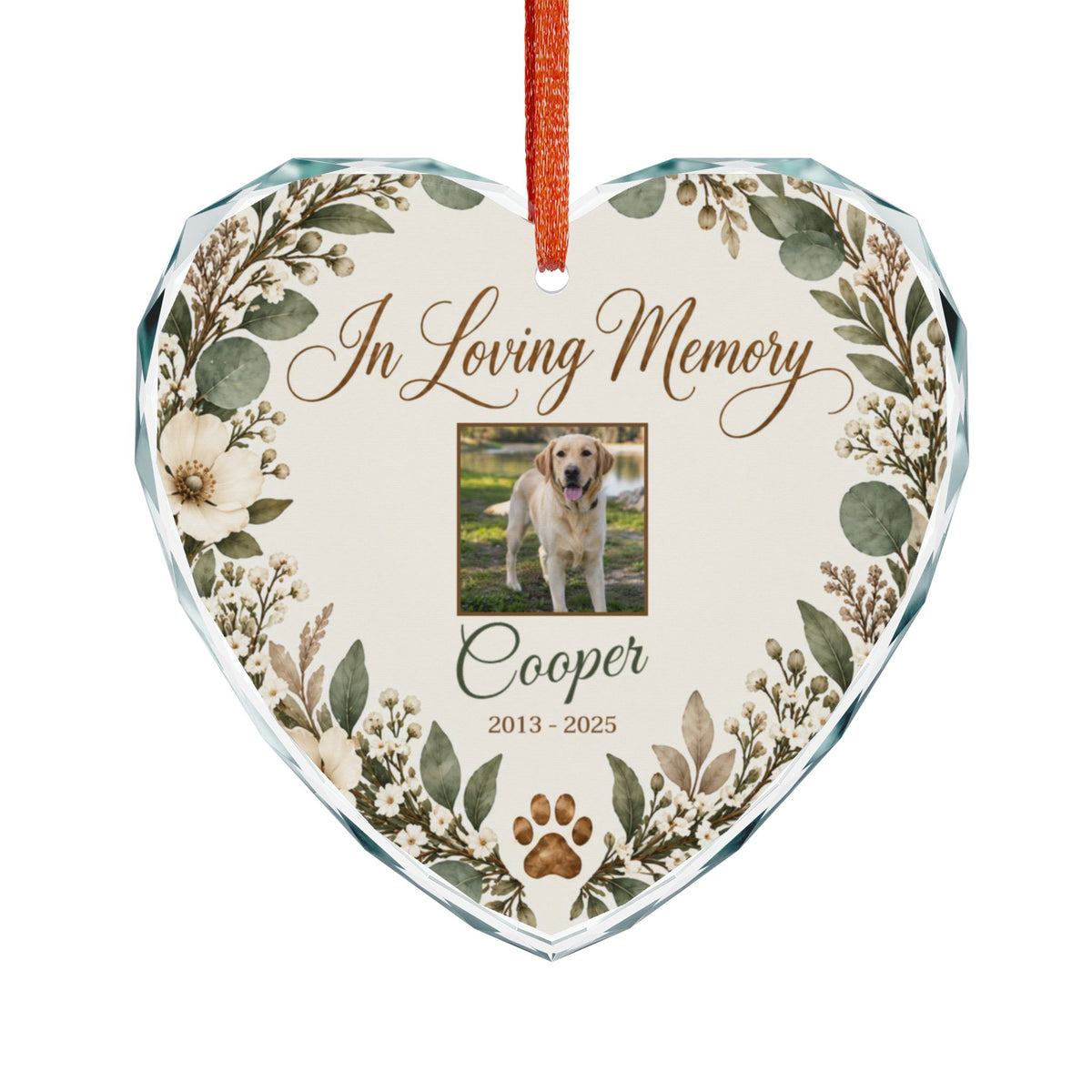 Heart-shaped In Loving Memory pet photo ornament with name, dates and paw print