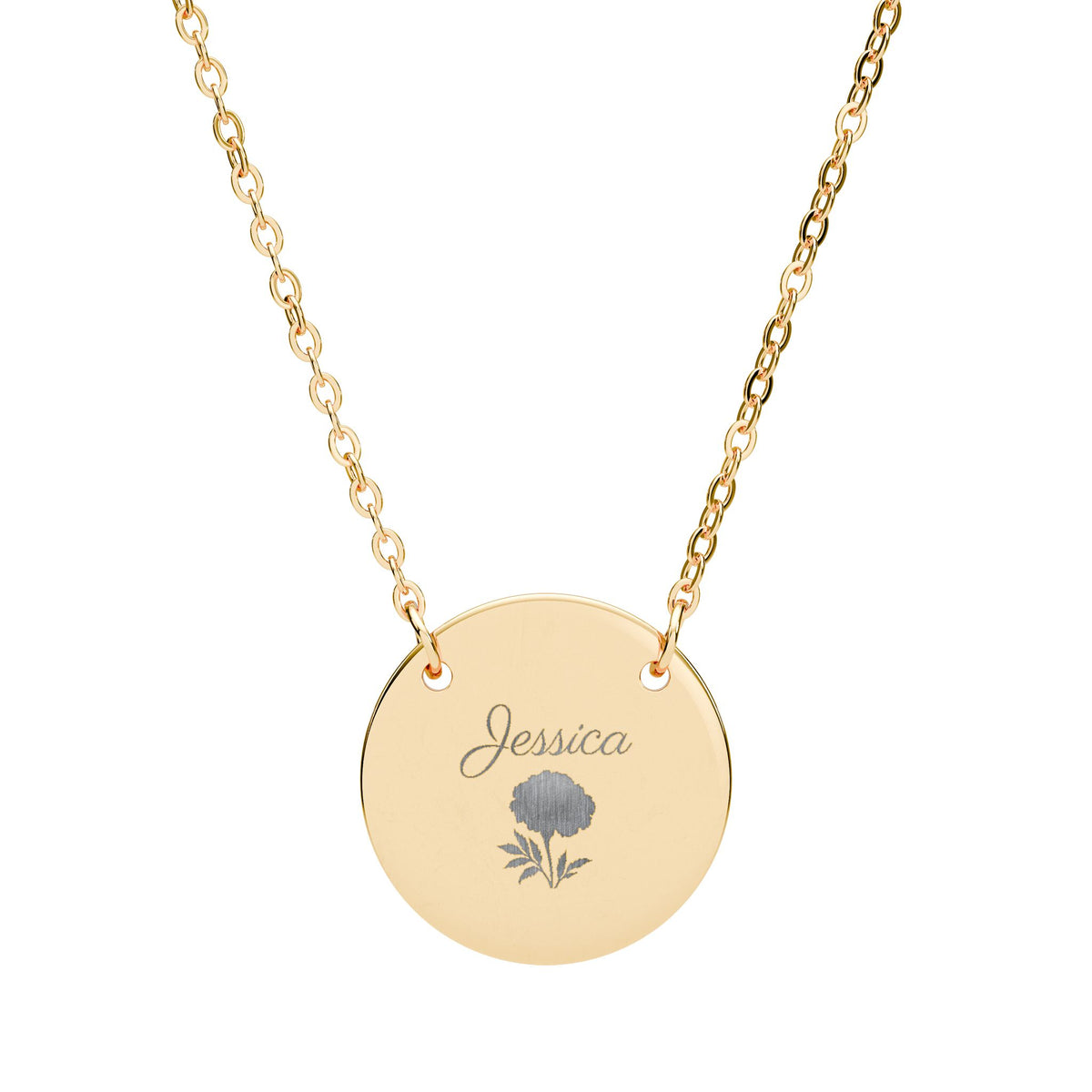 October birth flower necklace in gold finish, engraved with a marigold and the name Jessica