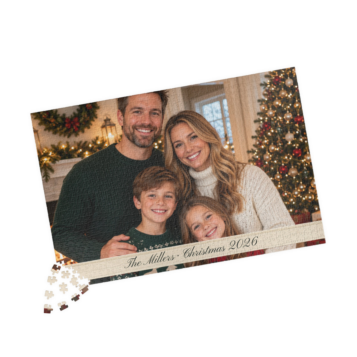 Landscape family photo puzzle with a few pieces still to place