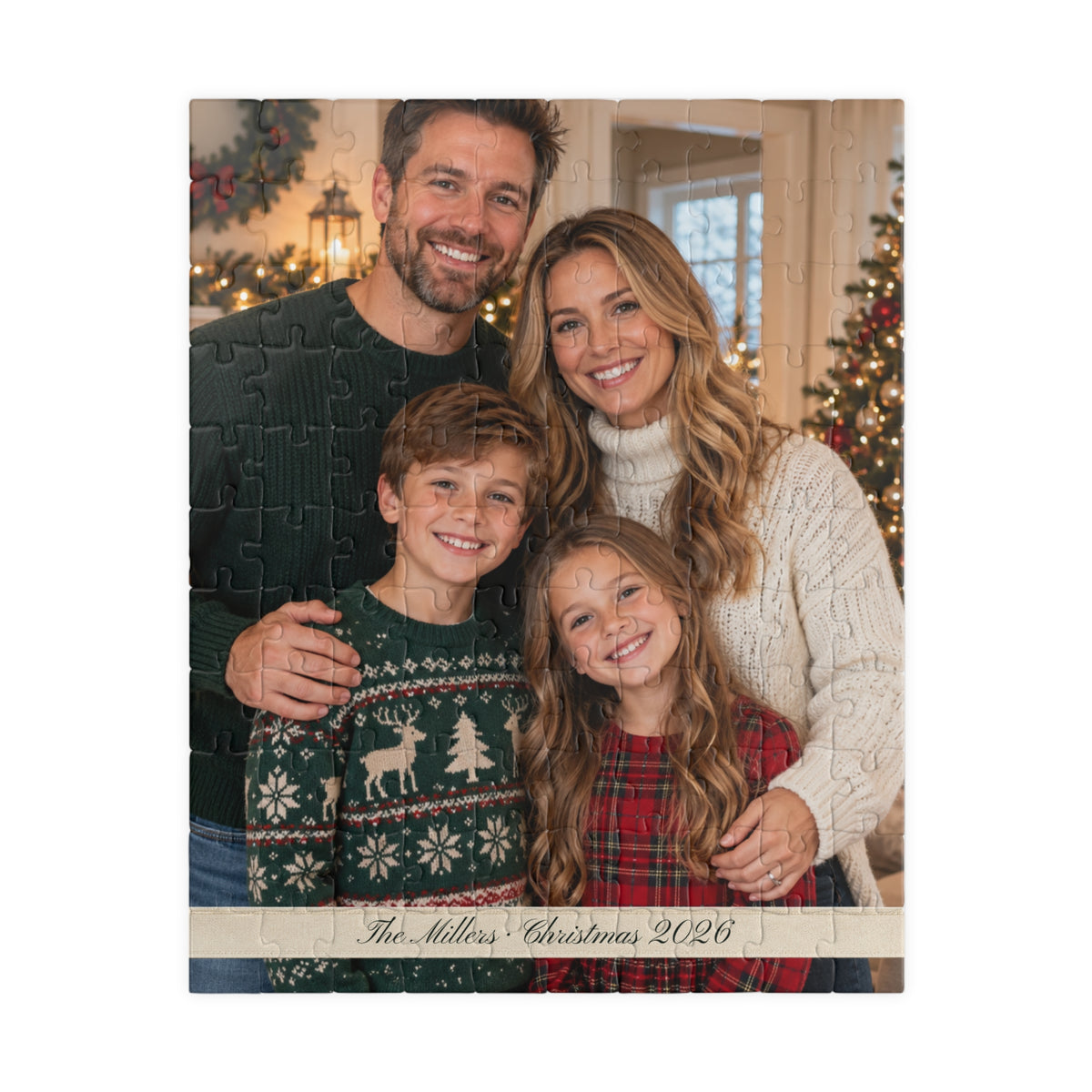 Portrait photo jigsaw puzzle with a family photo and personalized text