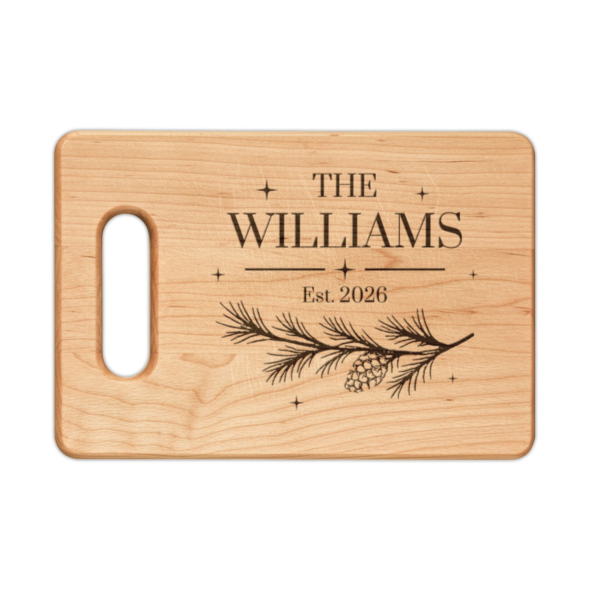 Family name cutting board, maple rectangle board with handle, engraved with The Williams, Est. year and a pine branch