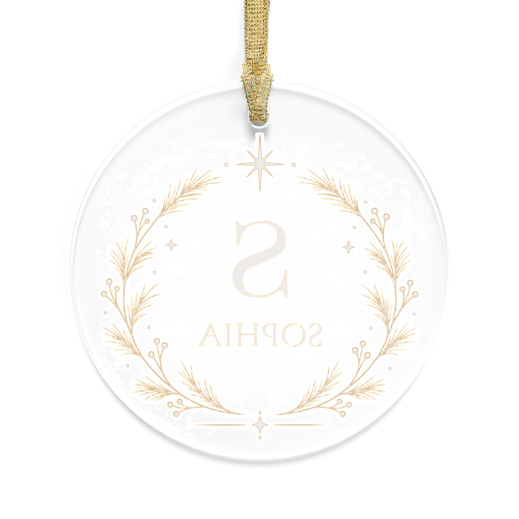 Clear acrylic monogram ornament seen from the back