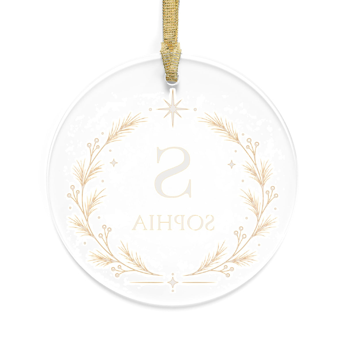 Clear acrylic monogram ornament seen from the back