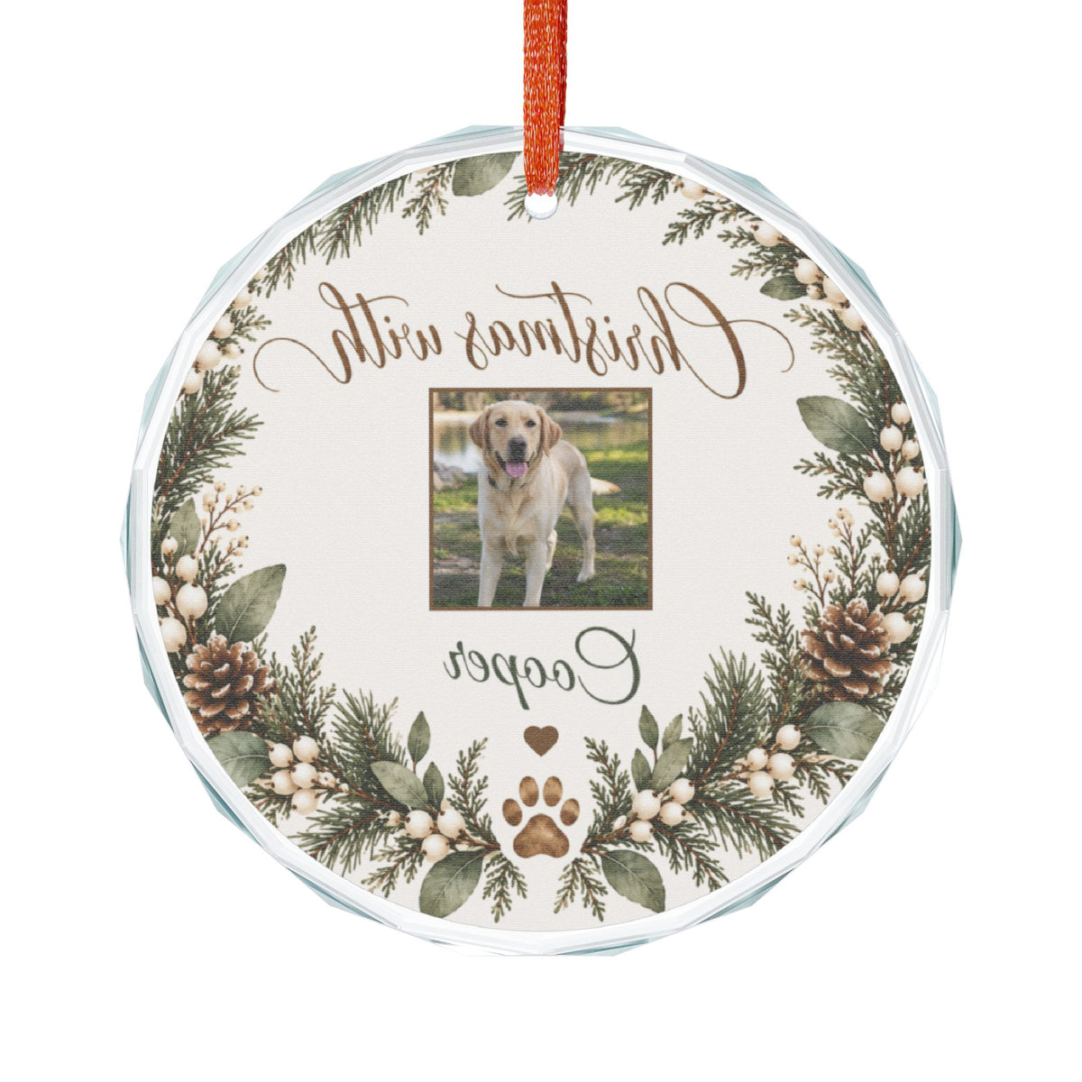 Round glass pet ornament seen from the back, showing the clear prism-cut edge