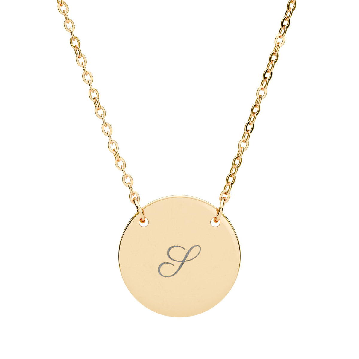Personalized initial disc necklace in gold finish, engraved with a script initial J