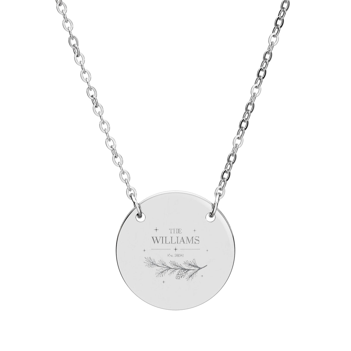 Family name necklace in stainless steel, engraved with The Williams, an established year and a pine branch