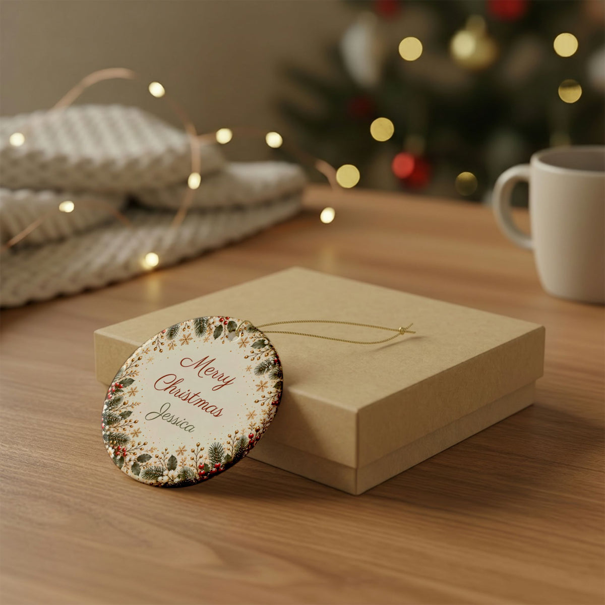 Round personalized Christmas ornament on a kraft gift box on a wooden table by the tree
