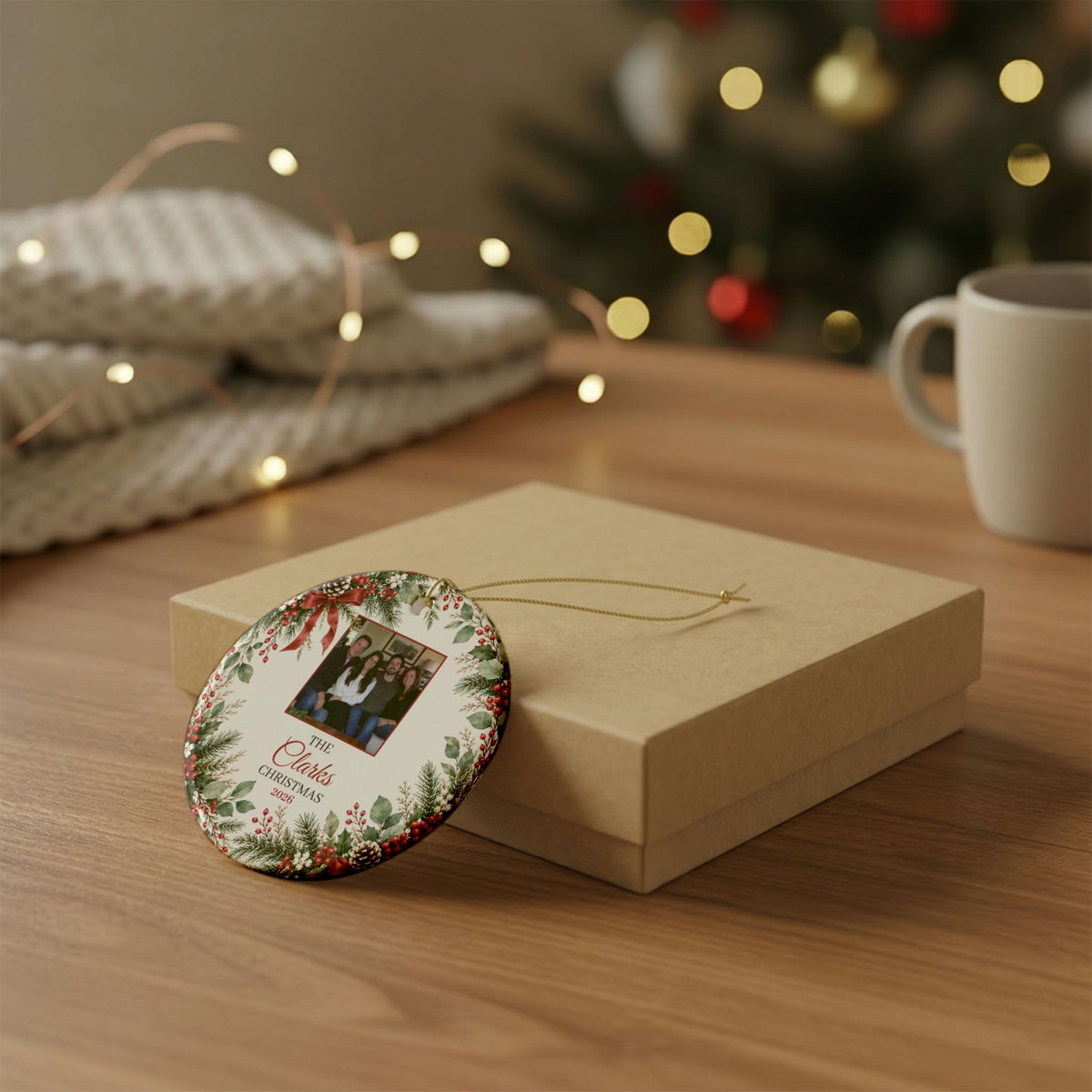 Round family photo Christmas ornament resting on a kraft gift box on a wooden table by the tree