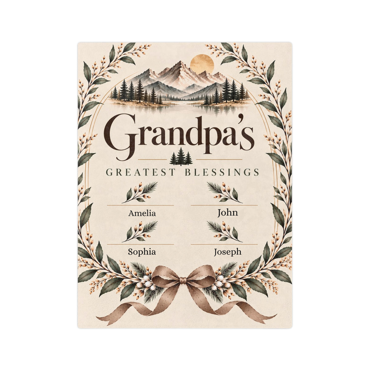 Grandpa blanket with grandkids names, Grandpa's Greatest Blessings with a mountain lake, 40 x 30 in, laid on a gray bed