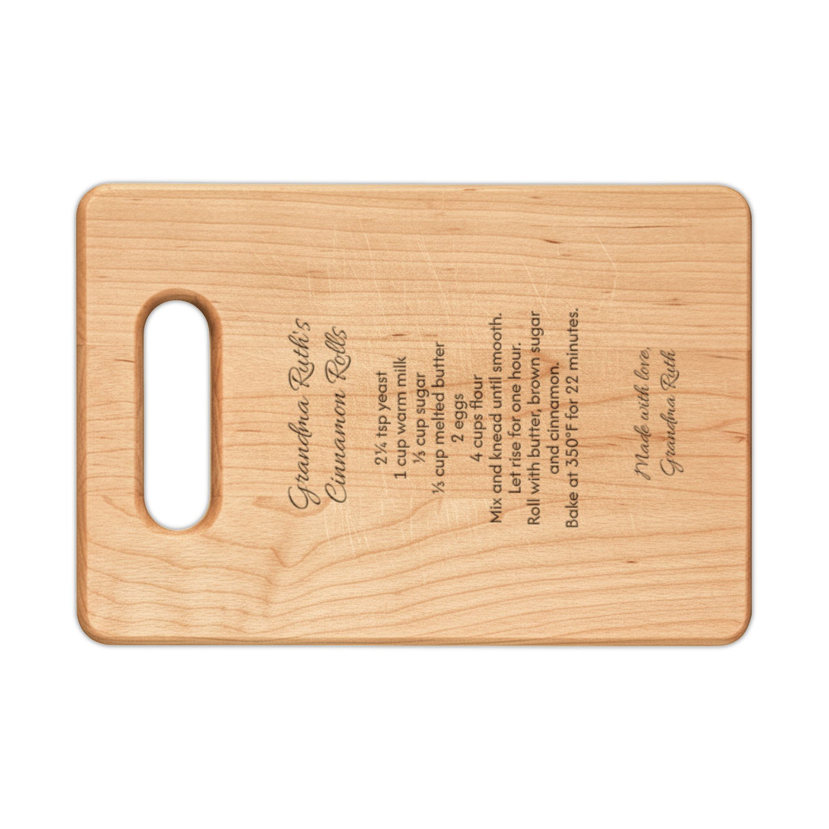 Grandma's recipe cutting board, maple rectangle board with handle, engraved with Grandma Ruth's Cinnamon Rolls recipe