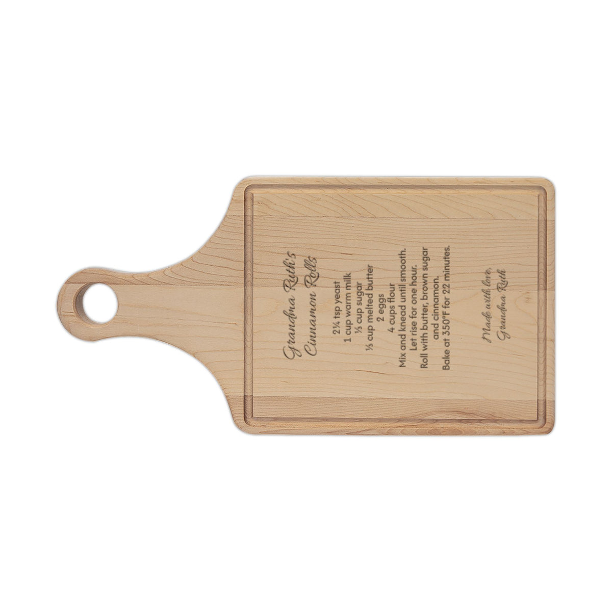 Grandma's recipe cutting board, maple paddle board with drip ring, engraved with Grandma Ruth's Cinnamon Rolls recipe
