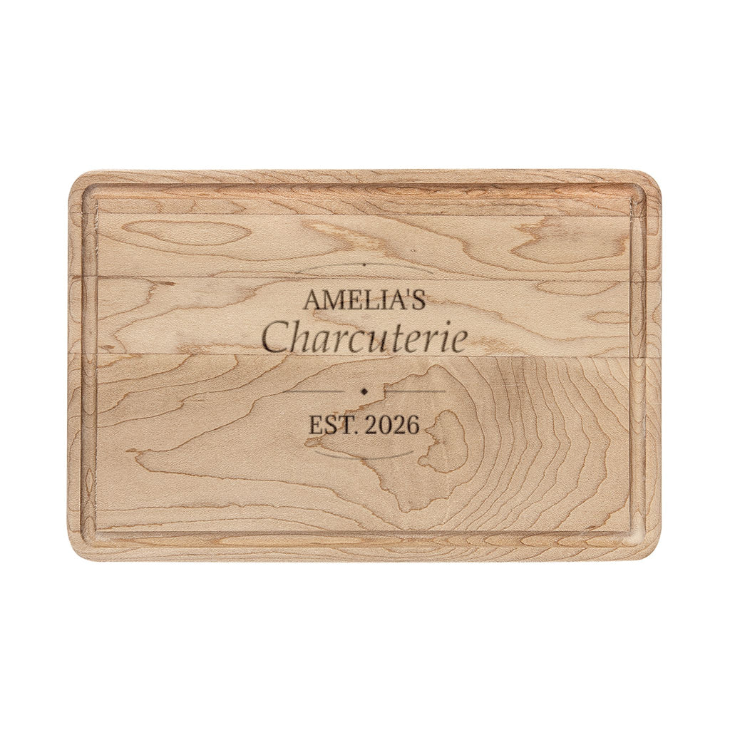 Personalized charcuterie board, maple with drip ring, engraved Amelia's Charcuterie Est. 2026