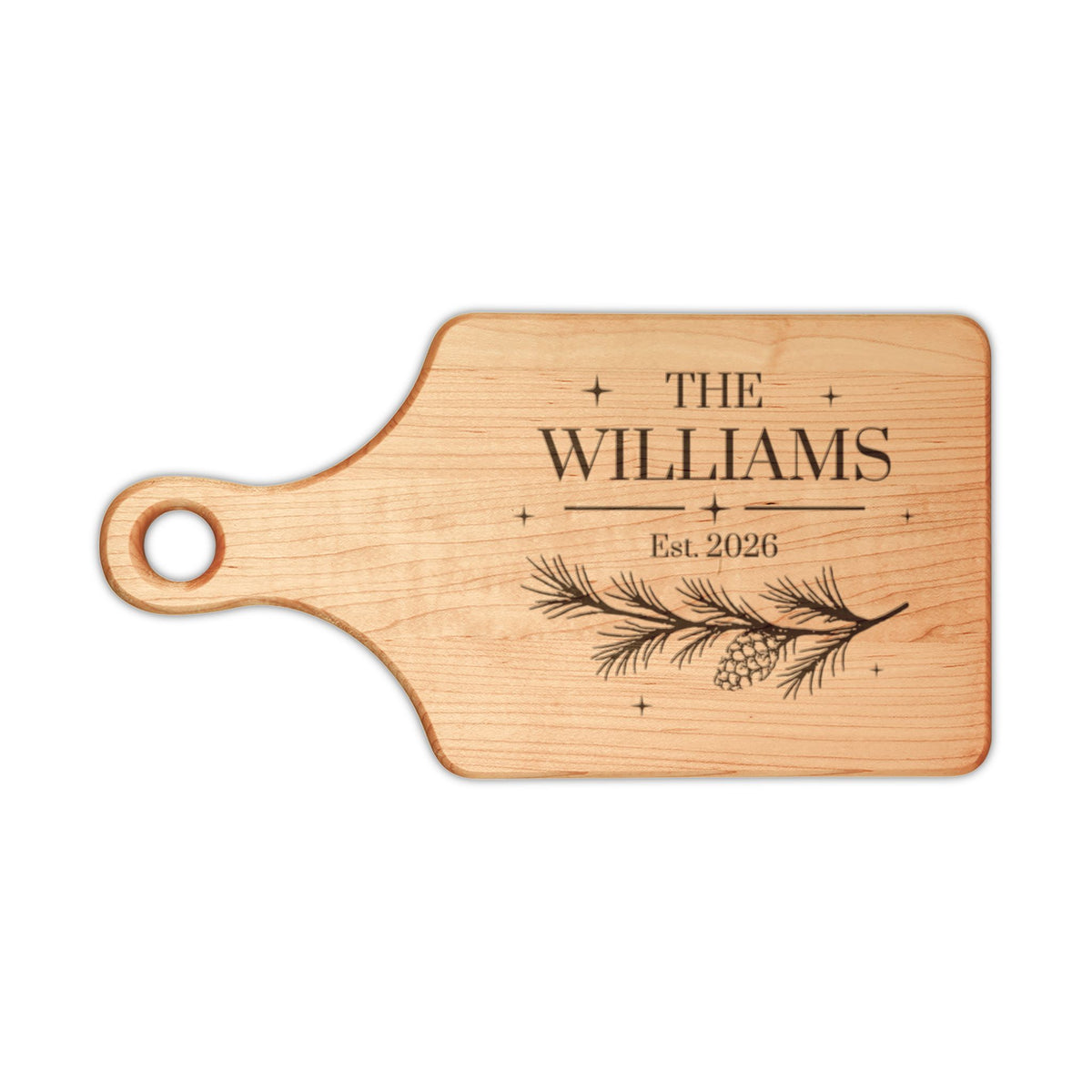 Family name cutting board, maple paddle board engraved with The Williams, Est. year and a pine branch
