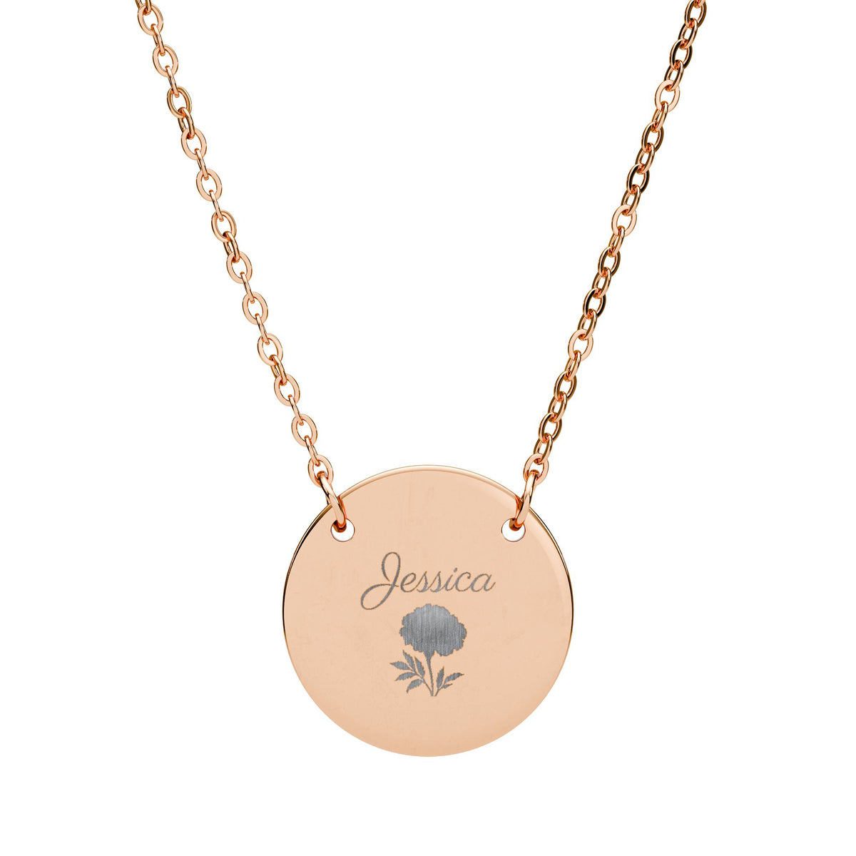 October birth flower necklace in rose gold finish, engraved with a marigold and the name Jessica