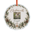 Custom pet photo Christmas ornament, round glass with dog photo and Christmas with Cooper in a pine wreath