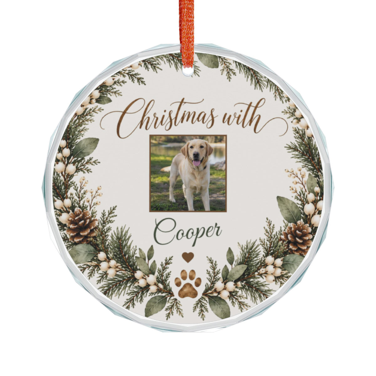 Custom pet photo Christmas ornament, round glass with dog photo and Christmas with Cooper in a pine wreath