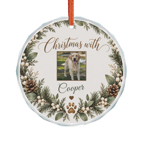 Custom pet photo Christmas ornament, round glass with dog photo and Christmas with Cooper in a pine wreath