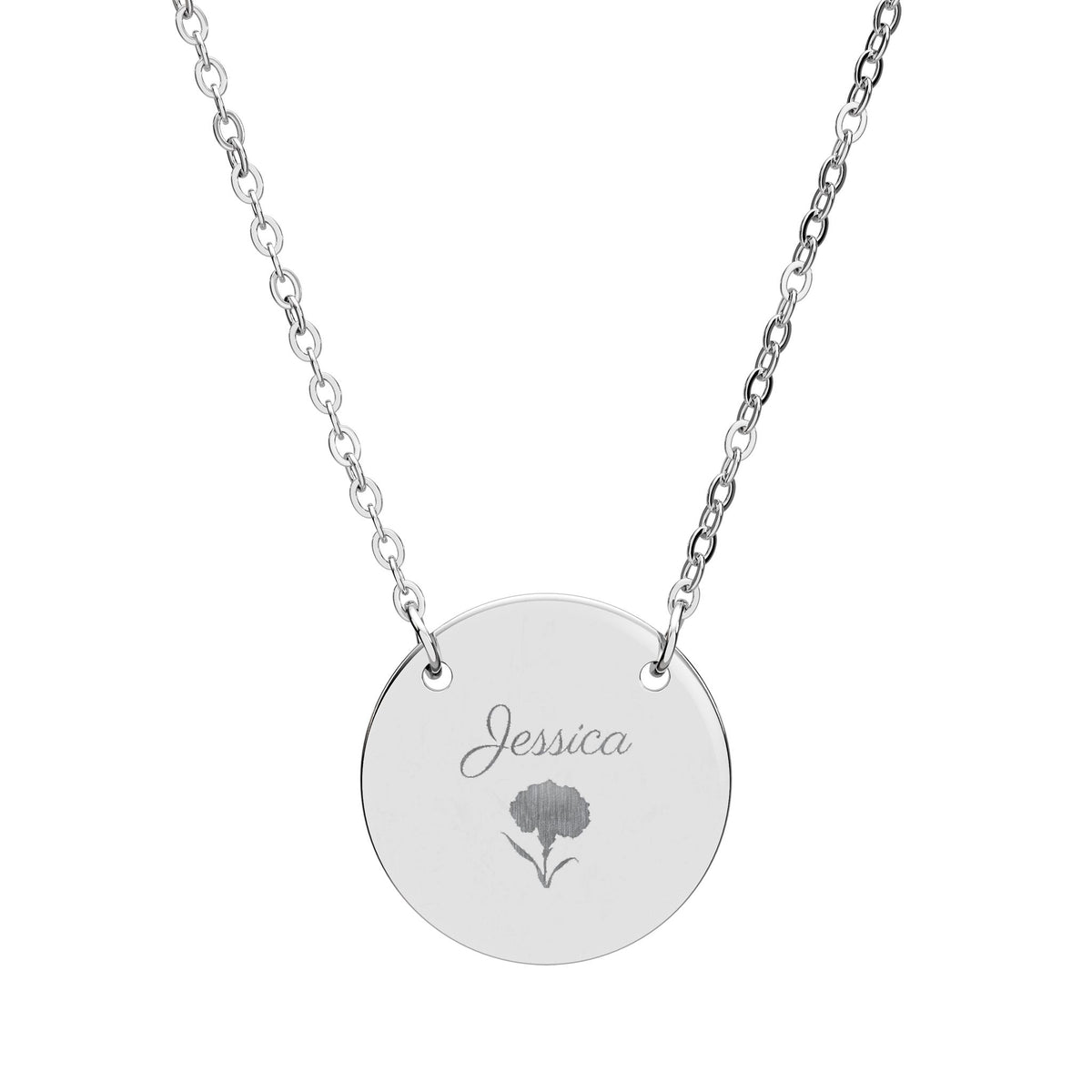 January birth flower necklace in stainless steel, engraved with a carnation and the name Jessica