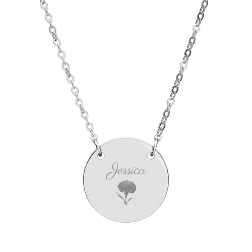 January birth flower necklace in stainless steel, engraved with a carnation and the name Jessica
