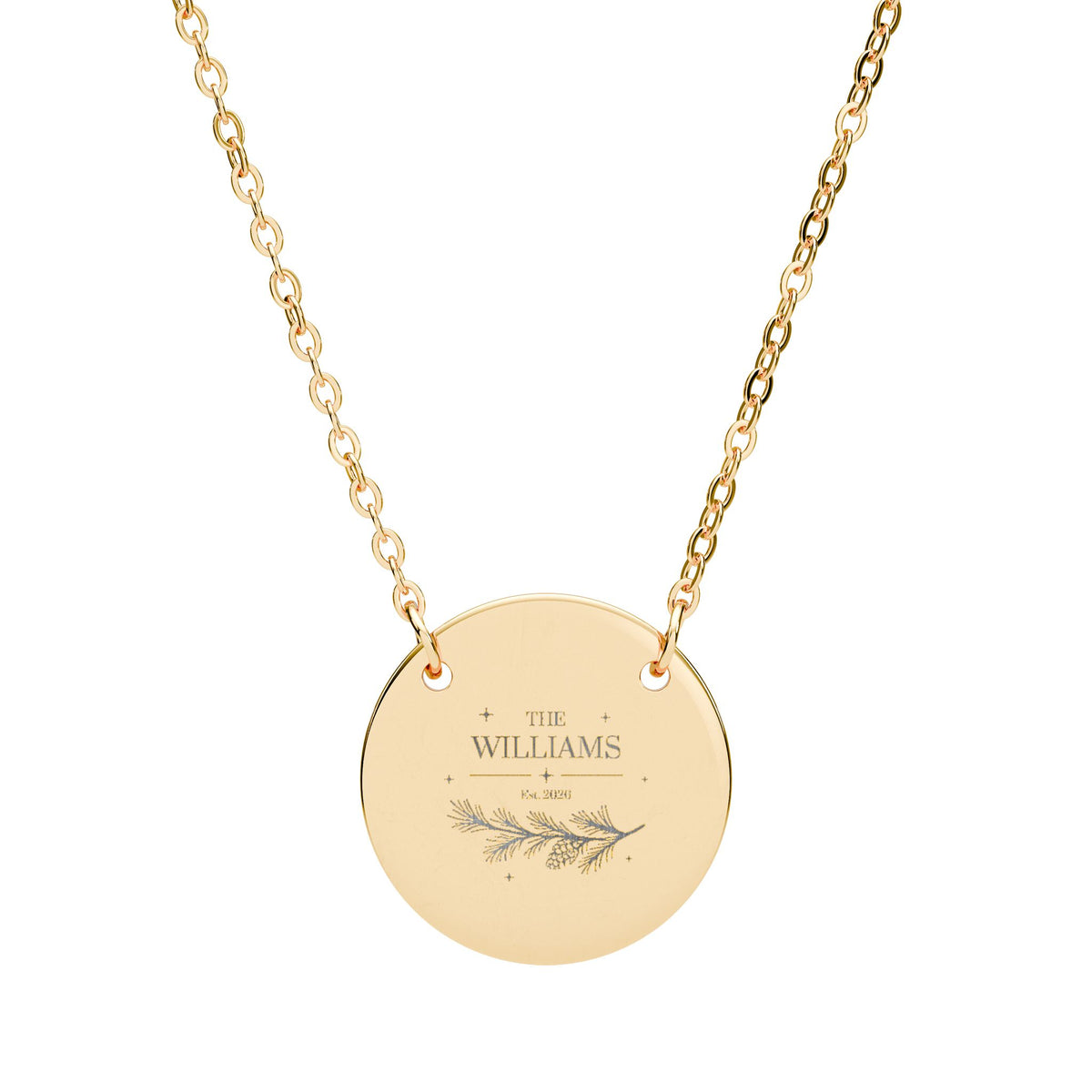 Family name necklace in gold finish, engraved with The Williams, an established year and a pine branch
