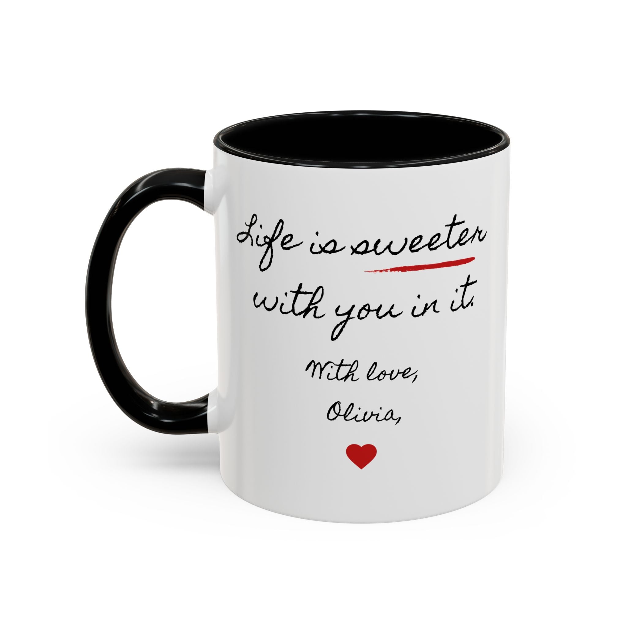 Copy of Personalized Heart Coffee Mug — "[Name], you’re the woman who makes my heart smile" (Accent 11/15oz)