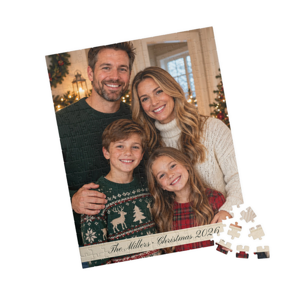 Portrait photo puzzle of a family in Christmas sweaters with custom text