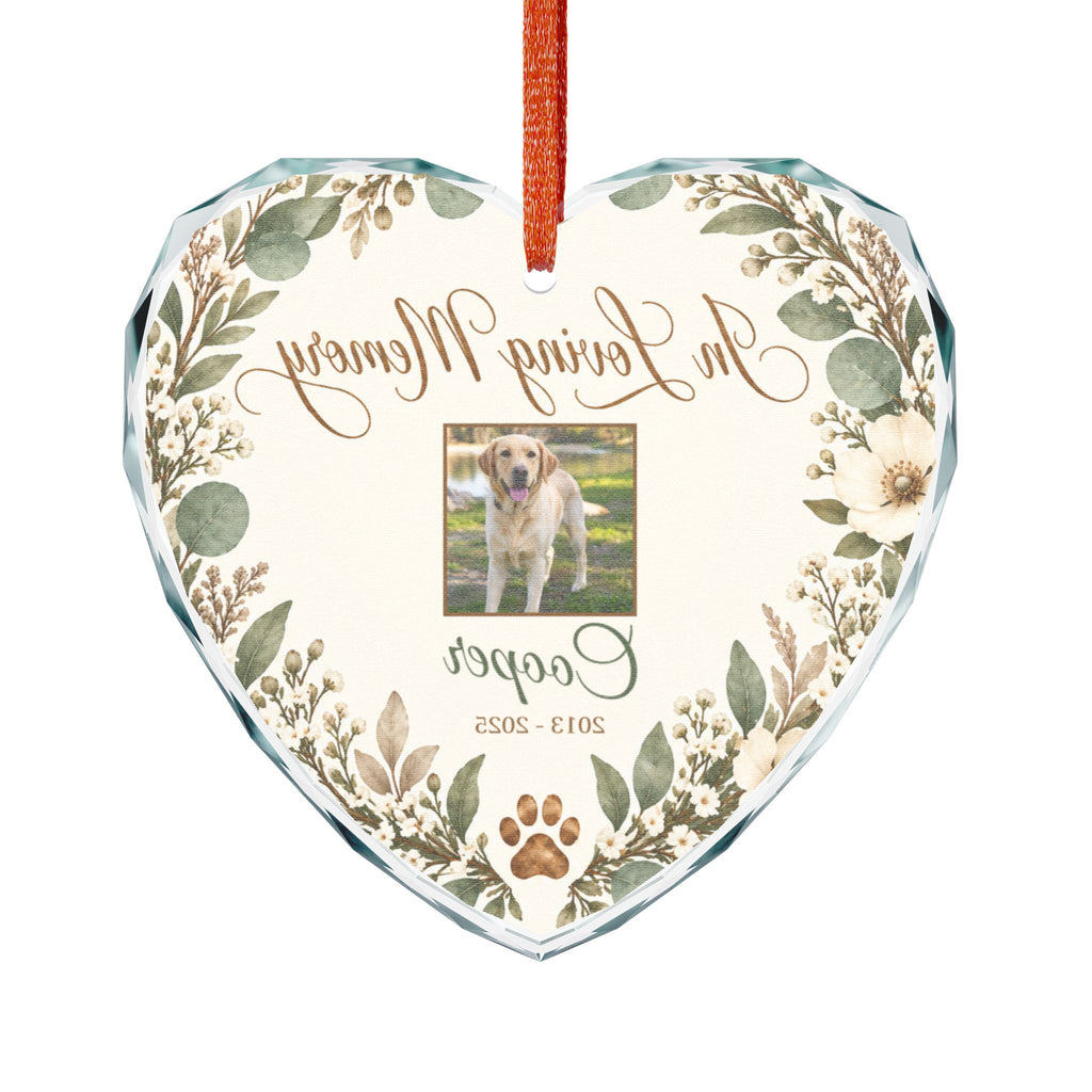 Heart pet memorial glass ornament seen from the back with red ribbon