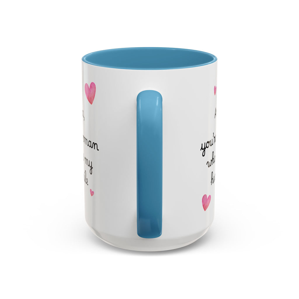 Personalized Heart Coffee Mug — "[Name], you’re the woman who makes my heart smile" (Accent 11/15oz)