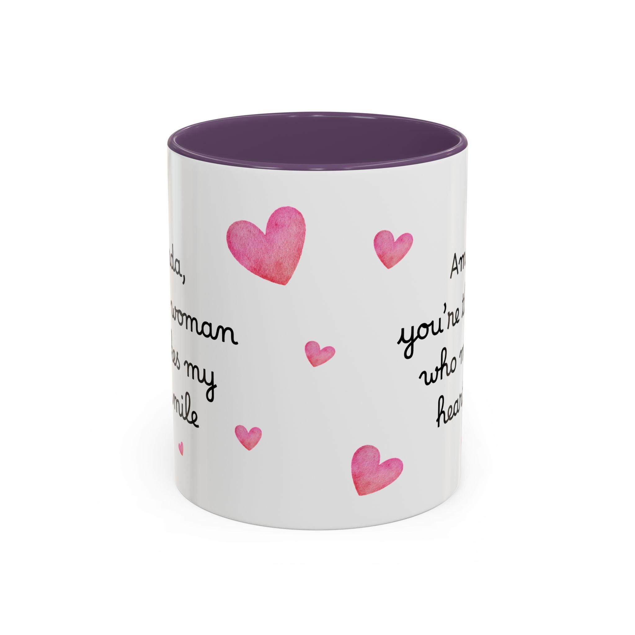 Personalized Heart Coffee Mug — "[Name], you’re the woman who makes my heart smile" (Accent 11/15oz)