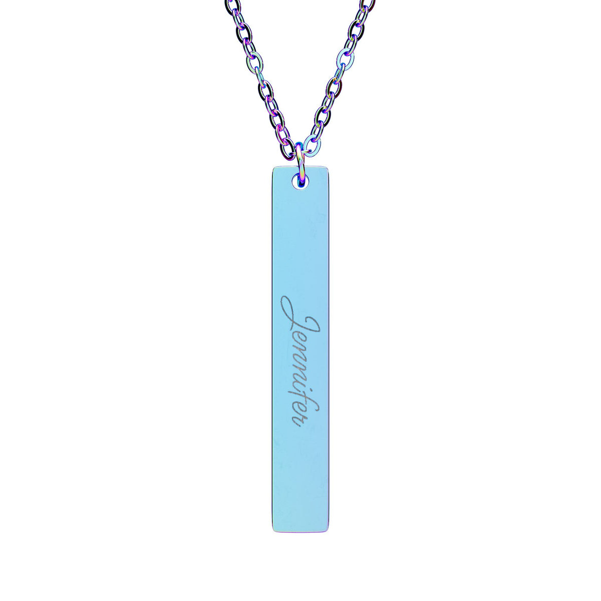 Personalized vertical name bar necklace in rainbow finish, engraved with a name in script