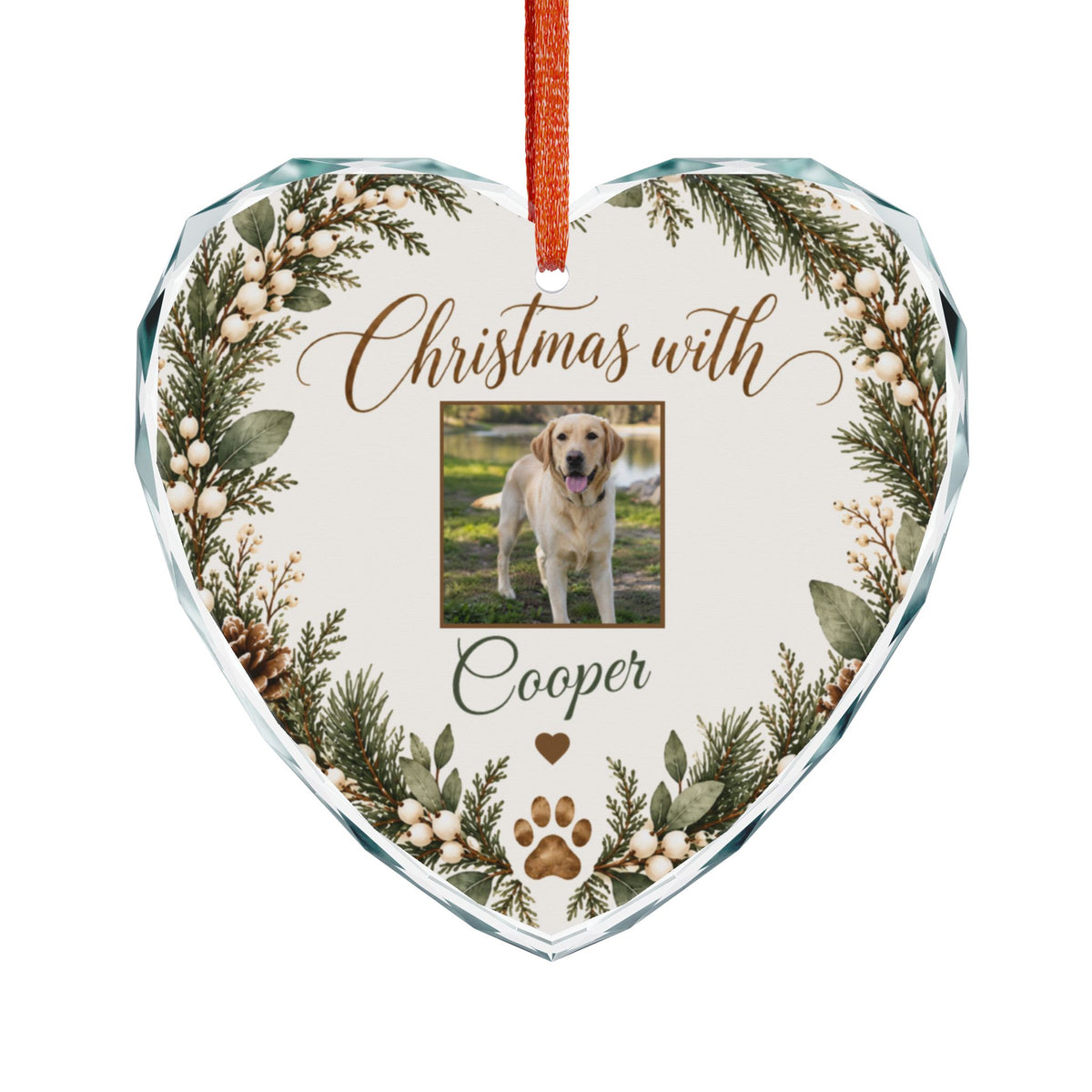 Heart-shaped custom dog photo Christmas ornament with name and red ribbon