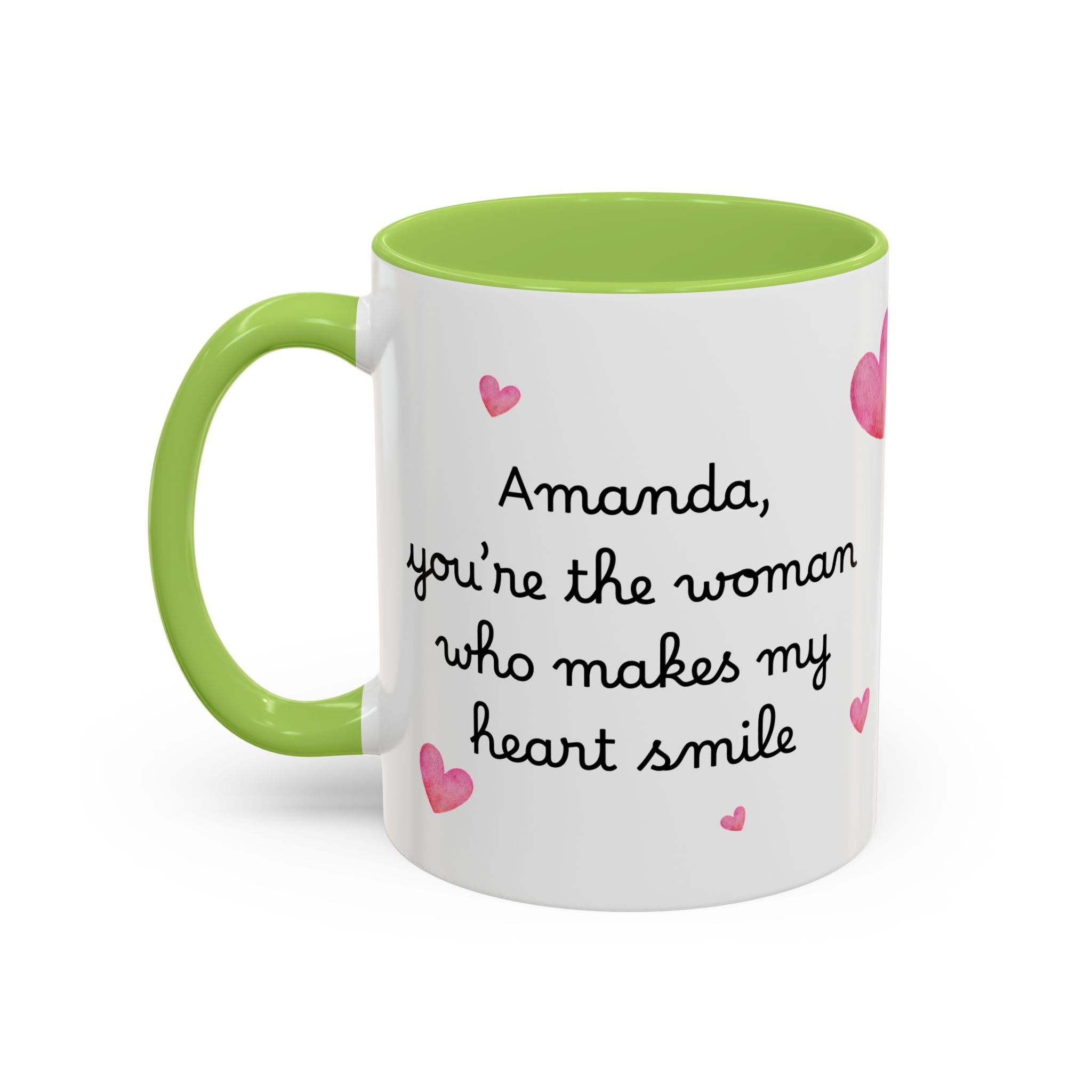 Personalized Heart Coffee Mug — "[Name], you’re the woman who makes my heart smile" (Accent 11/15oz)