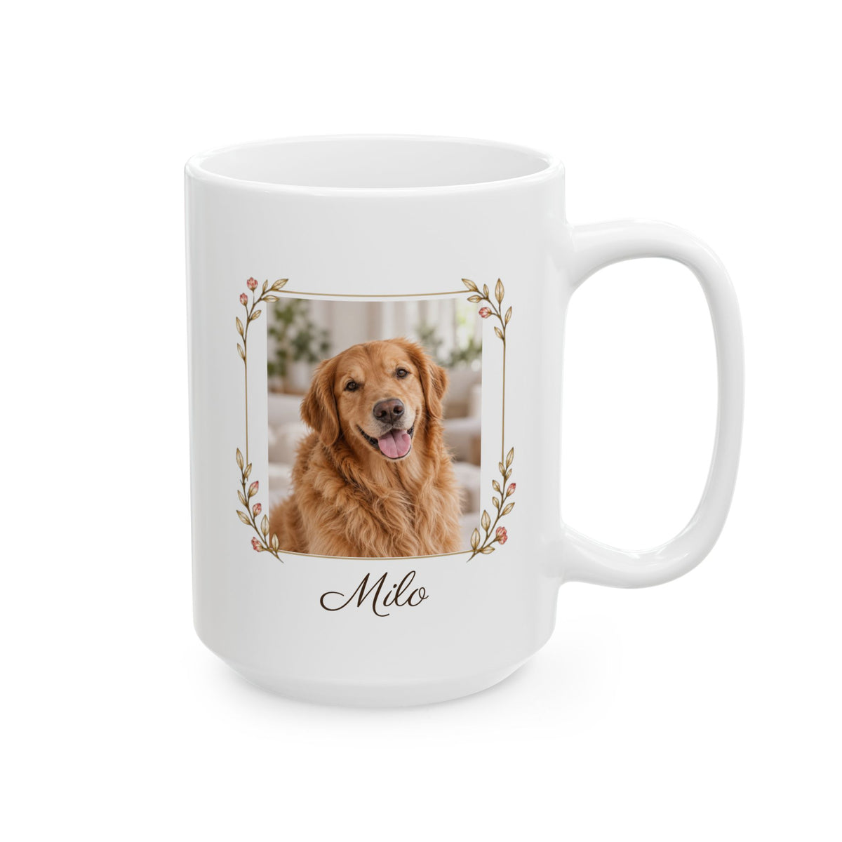 Pet photo mug, 15 oz white ceramic, front view with a dog photo in a floral frame and the name Milo