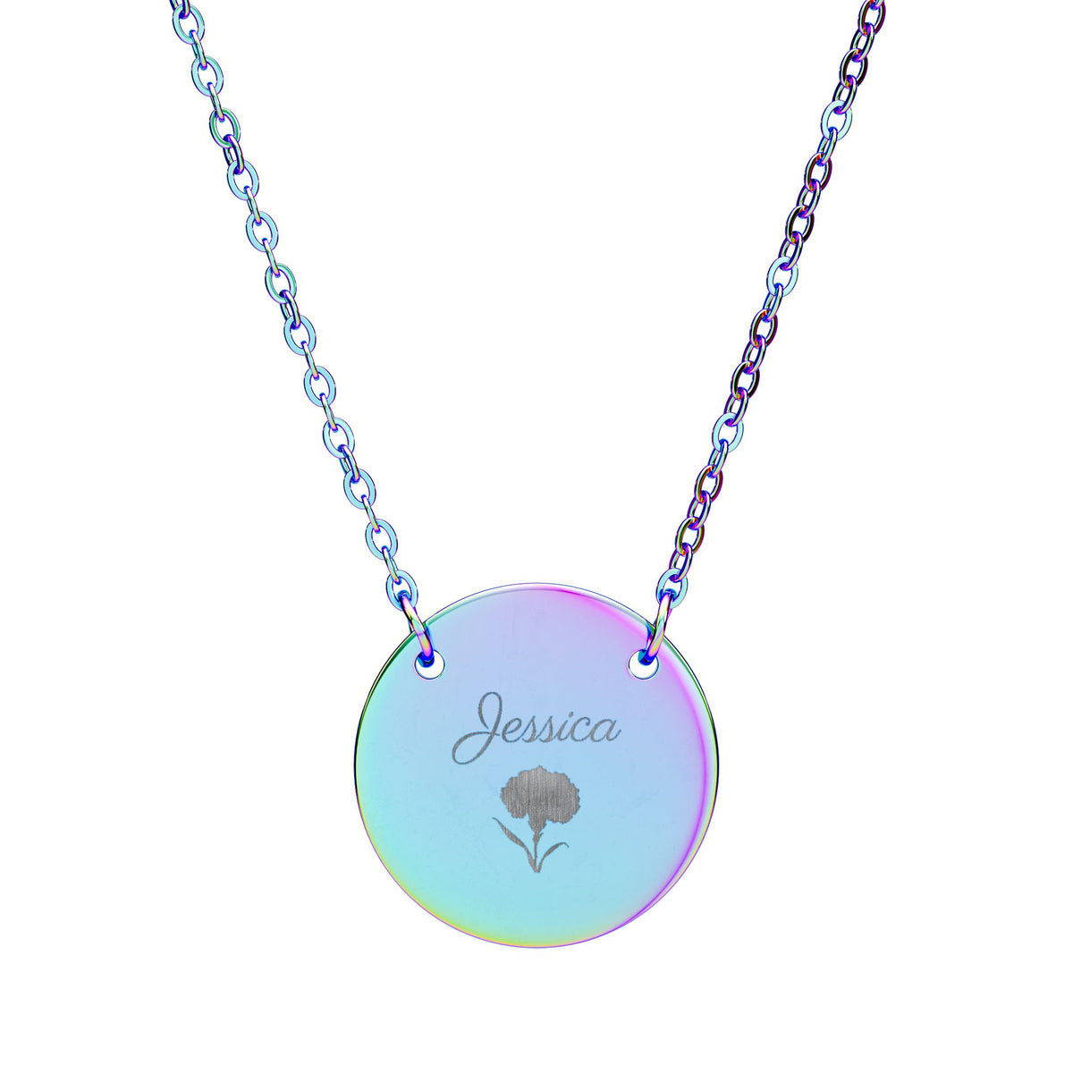January birth flower necklace in rainbow finish, engraved with a carnation and the name Jessica