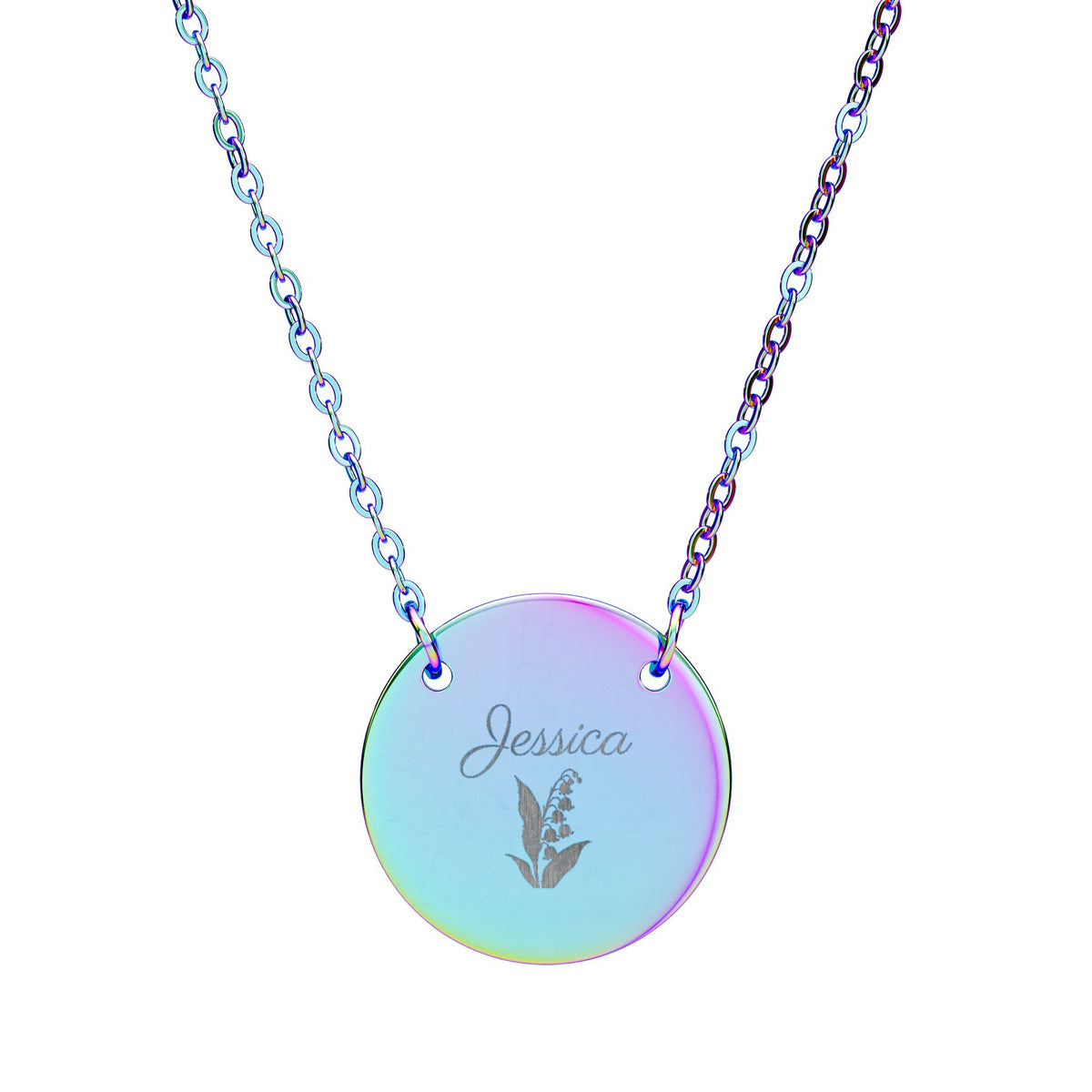 May birth flower necklace in rainbow finish, engraved with lily of the valley and the name Jessica