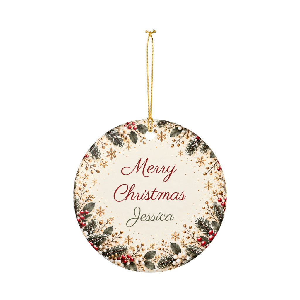 Round personalized teacher ornament with greenery and berries, front view