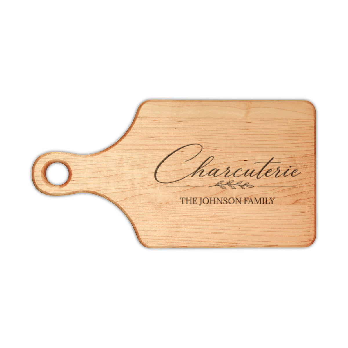 Family name charcuterie paddle board in maple, engraved Charcuterie and The Johnson Family