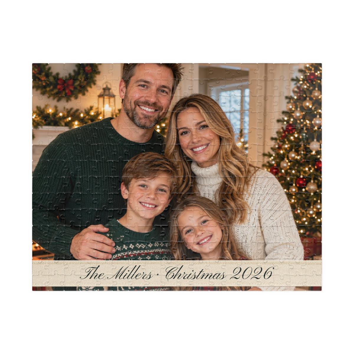 Landscape personalized jigsaw puzzle with a family photo and custom text
