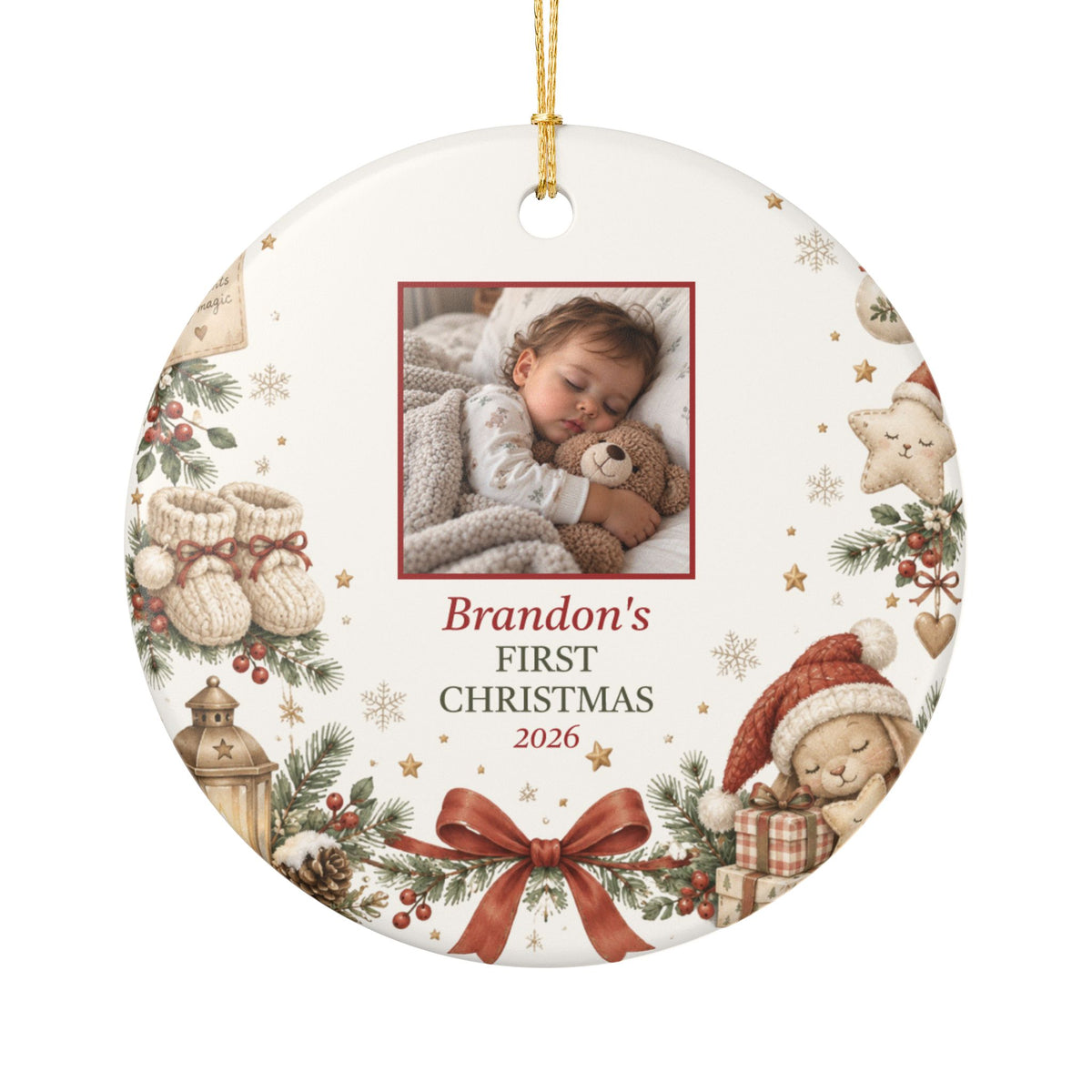 Baby's first Christmas photo ornament, round ceramic with baby photo, Brandon's First Christmas 2026