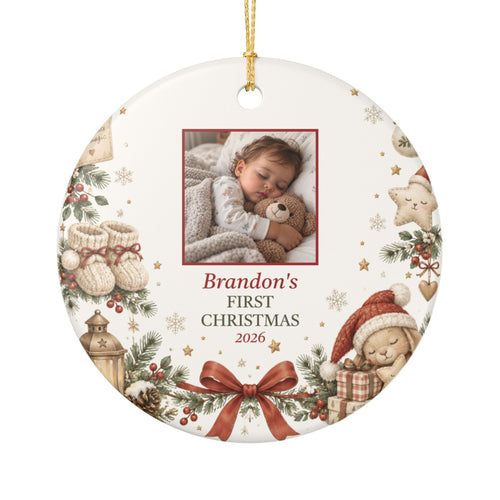 Baby's first Christmas photo ornament, round ceramic with baby photo, Brandon's First Christmas 2026