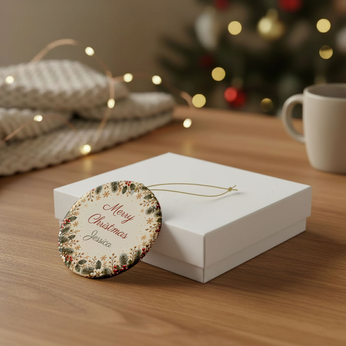 Round personalized Christmas ornament on a white gift box with knit blanket