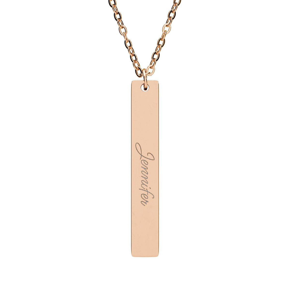 Personalized vertical name bar necklace in rose gold finish, engraved with a name in script