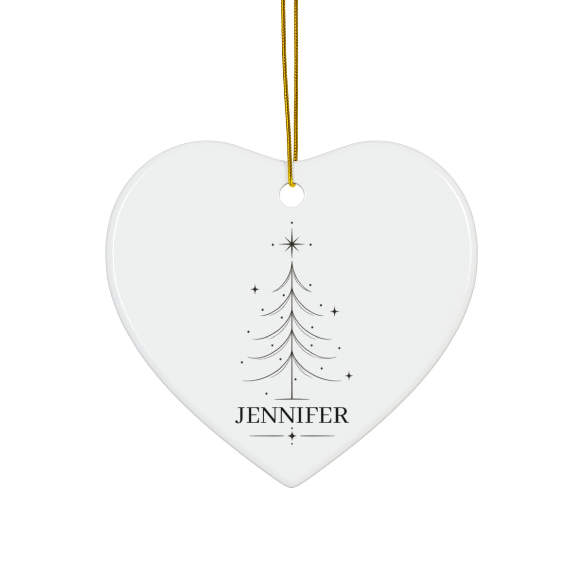 Minimal Christmas tree name ornament in a heart shape